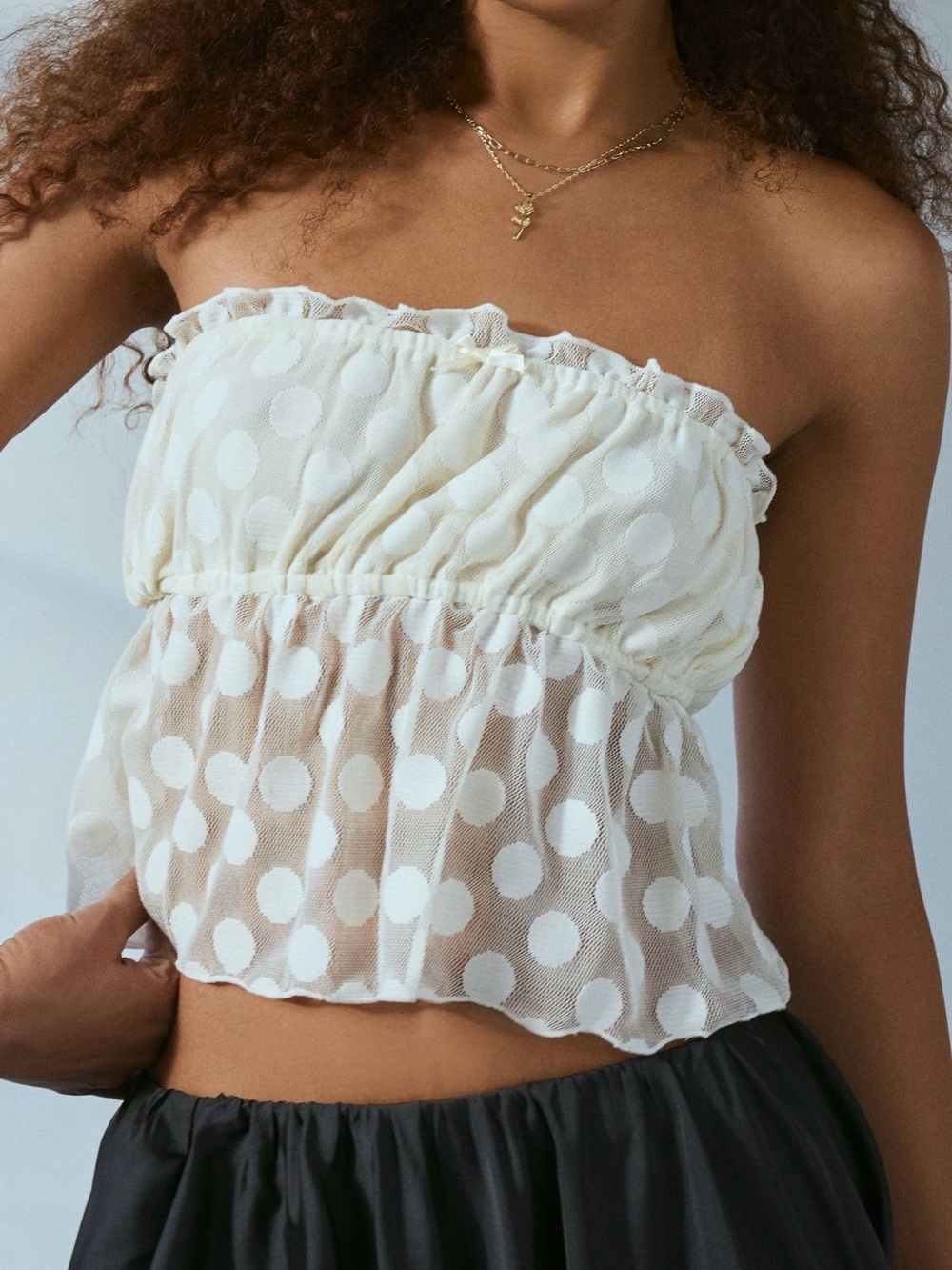 Urban Renewal Cream Polka Dot Strapless Mesh Crop Top
